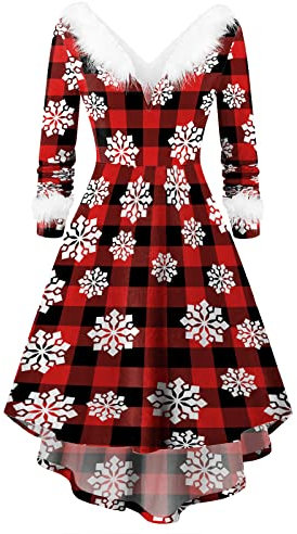 Weihnachtskleider für Damen Furry V-Ausschnitt Swing Dress Langarm Santas Print A-Line High Low Party Kleider (Red Plaid, L)
