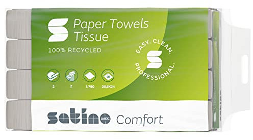 Satino – 3.750 Papierhandtücher – 2 lagig - Z-Falz – 20,6 x 24cm (gefaltet: 20,6 x 8 cm) - saugstark & fusselfrei - Handtuchpapier aus Recyclingpapier - Papiertücher für PT2 & H2 – Papier
