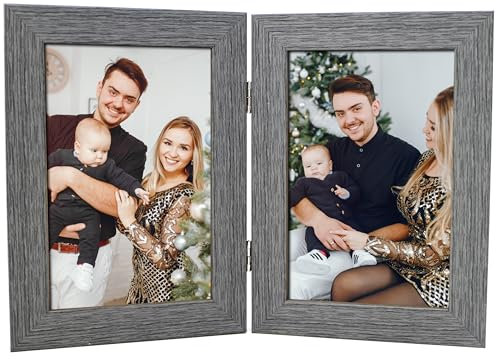 Clay Roberts Double Photo Picture Frame 6 x 4, Dark Grey, Holds 2 Photographs, Twin Hinged 6x4 10 x 15 cm Grey Frames 6x4 Photo Frames, 4x6 Photo Collage Gallery Display
