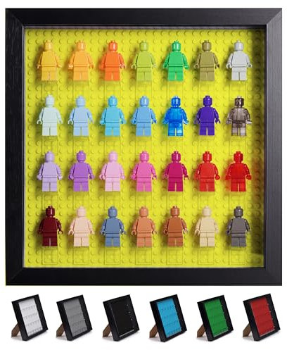 Minifiguren Vitrine Wandhalterung Kompatibel mit Lego Minifiguren – Shadow Box Acrylic Display Case for Minifigure Display – Tischregal für Lego Figuren – Gelbe Base Plate – Platz für 28 Minifiguren