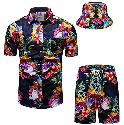 TUNEVUSE Herren Hawaiihemd und Shorts Set, 2-teiliges tropisches Set, Blumen Bedruckte Knopf Strand Set mit Hut Blau Klein