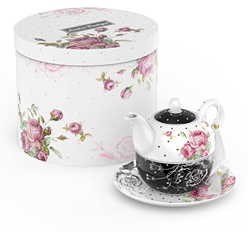 London Boutique - Théière, tasse et sous-tasse en porcelaine pour femme - Motif floral vintage - pour 1 personne - 350 ml (noir)