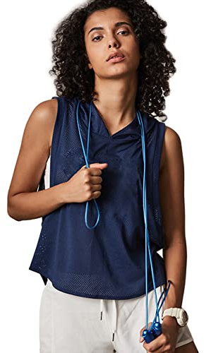 Damen Fitness Ärmellos Gittergewebe Kapuzenpullover Sport Running T-Shirts Trainieren Oberteile Navy blau M