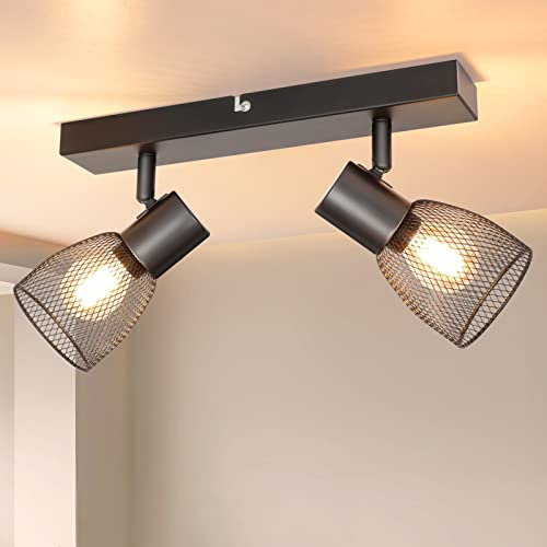 Dehobo Deckenstrahler Led Schwenkbar, Deckenlampe Schwarz E14 Vintage Deckenstrahler 2 Flammig Drehbar mit Metallgitterschirm, Strahler Deckenleuchte für Küche Schlafzimmer Flur, Ohne Glühbirnen
