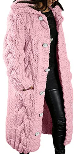 EMATOP Strickjacke Damen Lang Cardigan Grobstrick Winterjacke Einfarbige Lockere Übergangsjacke mit Kapuze Strickmantel Herbst Winter Strick Pullover Elegant Wintermäntel Pulli Sweater Mantel