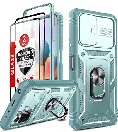 LeYi Slide Kamera Klappe Hülle für Xiaomi Redmi Note 10 Pro/Note 10 Pro Max Handyhülle & 2 Hartglas Handyfolie, Metallständer Kamera Abdeckung Schutzhülle Fallschutz Halterung Handy Hüllen Cover Grün