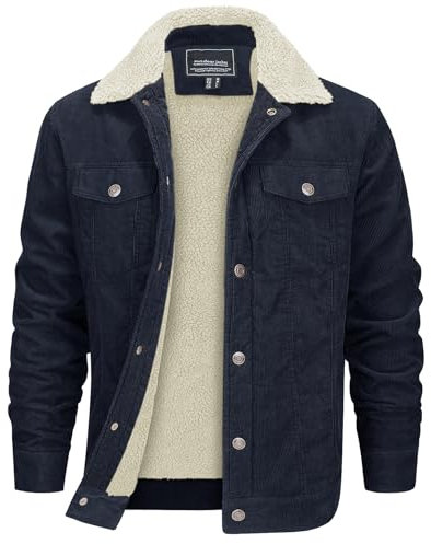 EKLENTSON Fleece Cargo Jacket for Men Cotton Casual Corduroy Jackets Turn-down Collar Coats,Navy,3XL