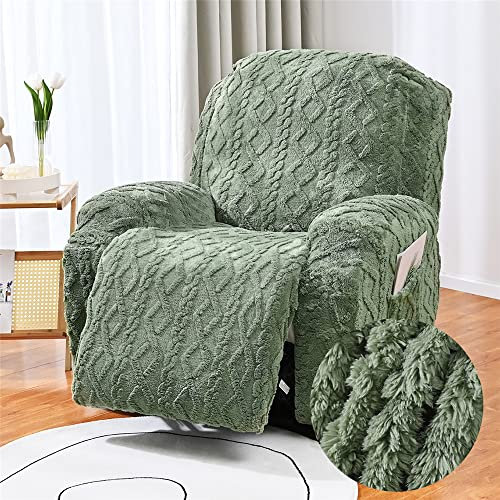FANSU Stretchhusse für Relaxsessel Komplett Sesselbezug, Jacquard Plüsch 4-Teilig Sesselschoner für Recliner Stuhl Sessel, Stretch Sofabezug, Elastisch Bezug für Fernsehsessel Liege (1 Sitzer,grün)