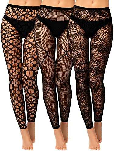 Jadive 3 Collants en Résille sans Pied Noirs Gothiques Leggings en Filet de Taille Haute sans Orteils (Style à Motifs)