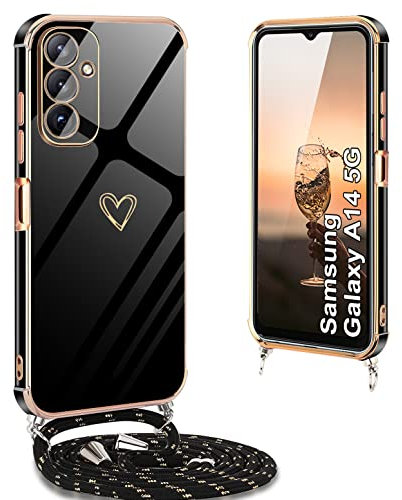 Yutwo Hülle Samsung A14 mit Band, Handyhülle Samsung Galaxy A14 4G/5G mit Band Silikon Stoßfeste Handykette Samsung Galaxy A14 4G mit Herz Love Design Schutzhülle, Schwarz