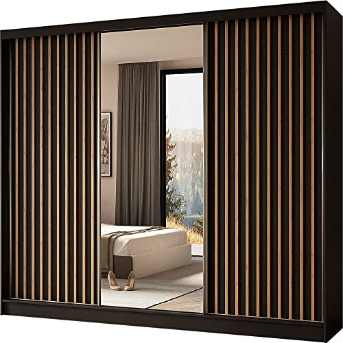 Moderner Kleiderschrank Schwebetürenschrank mit Spiegel und Holzlamellen 100 150 200 cm - Kleiderschrank für Schlafzimmer mit Schwebetüren - Kleiderstange - 240 cm - Schwarz / Artisan Lamellen