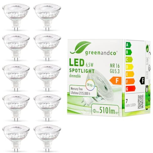 greenandco 10x MR16 GU5.3 | dimmbar | ersetzt 45W | warmweiß 3000K | CRI 90+ | 6,5W 510 lm | 38° | flimmerfrei | COB LED Spot | 12V AC/DC