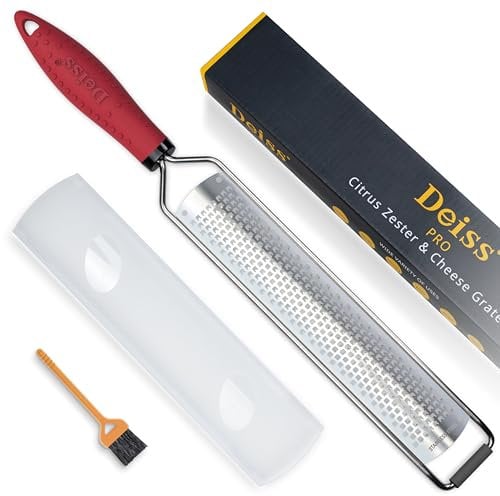 Deiss PRO Lemon Zester & Heavy Duty Cheese Grater & Vegetable Grater - Parmesan Cheese, Lemon, Garlic, Nutmeg, Chocolate, Fruits, Vegetables, Ginger Grater - Stainless Steel Cheese Shredder - Red