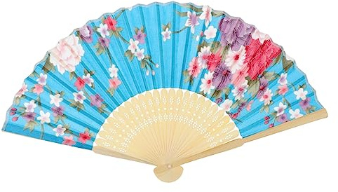 Amosfun Japanese Fan White Stem Dark Blue Classic Silk and Bamboo Handheld Fan Tassel Portable for Stage Daily Use Travel