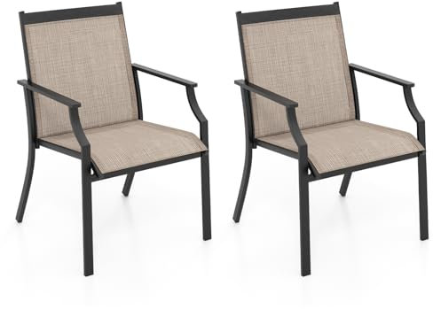 COSTWAY Lot de 2 Chaises de Jardin avec Cadre en Métal, Chaises de Salle à Manger pour l’Extérieur en Teslin à Séchage Rapide, Fauteuil d'Extérieur pour Cour, Balcon, Piscine, Charge 150 KG(Café)