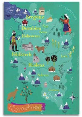 WALSFK Karten-Poster, Karte von Vorarlberg, der westlichsten Region Österreichs, dekorative Leinwand, Familie, Schlafzimmer, Kunstwerk, Bild, Gemälde, 30 x 45 cm