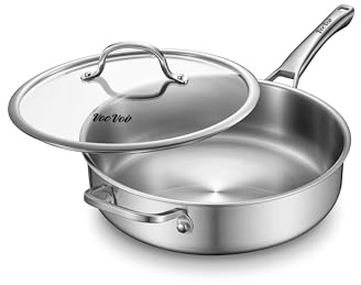 VocVoi Stainless Steel Pan with Lid, 6 QT Stainless Steel Saute Pan, 12 Inch Frying Pan, PFOA & PTFE Free, Tri-Ply Skillet, Stainless Steel Pot, Dishwasher & Oven Safe, Works on All Cooktops