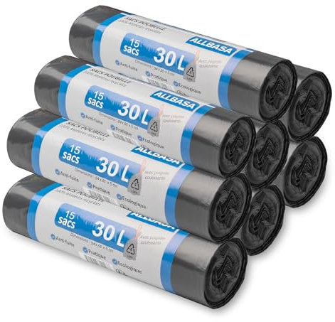 AURSTORE BASA Sac Poubelle ultra résistant, Sacs poubelle à poignées coulissantes,Sacs en Plastique Recyclés Étanchéité maximale (30L, Lot de 8Paquets)