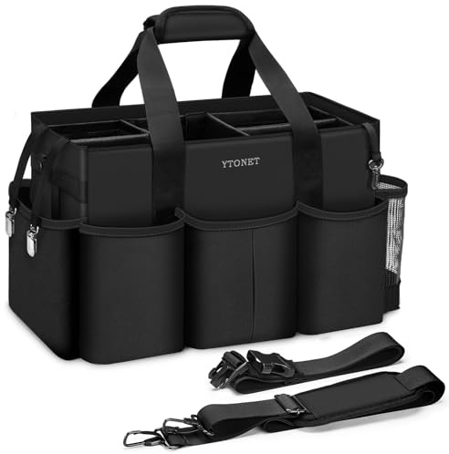 Ytonet Cleaning Bag, Multiple Pockets Cleaners Caddy with Foldable Dividers, Adjustable Shoulder Strap and Waist Belt, Cleaning Caddy Bag for Cleaners and Housekeepers, Black