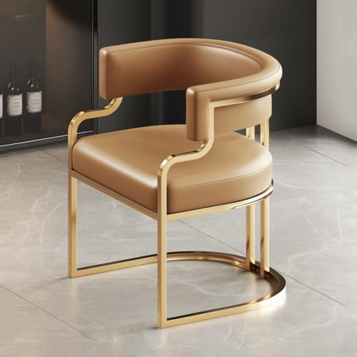 YCKEGEW Leder Modern Tub Chair Gepolsterter Sessel Für Wohnzimmer,Esszimmer Stühle Gästestühle Für Rezeption Einzelner Sofasessel Mit Goldenen Metallbeinen(Light Brown)