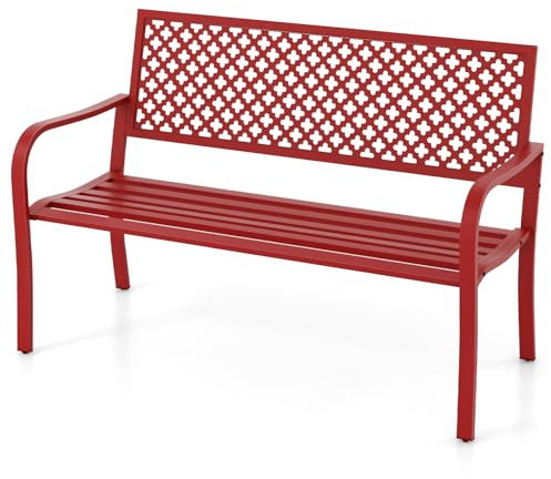 COSTWAY Panchina da Esterno, Panca da Giardin in Metallo con Schienale Traforato, Sedile a Doghe e Braccioli, Panchina Moderna per Cortile, Terrazzo e Giardino, Portata 300 kg (Rosso)