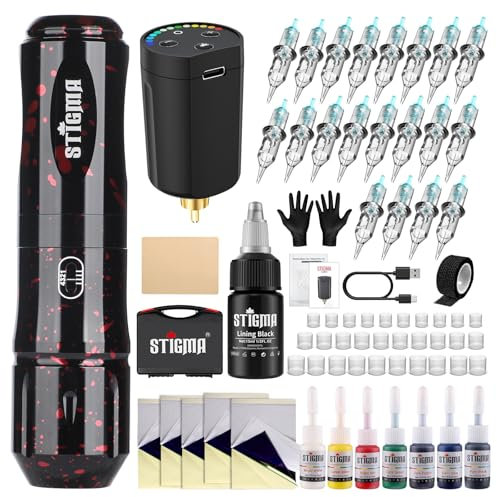 STIGMA Wireless Tattoo Maschine Set Kompletter Rotary Tattoo-Stift mit 20Pcs Tattoo Cartridges Nadeln Batterien 7 Stück Tattoo Tinte für Anfänger und Tätowierer STP89KITP802-2
