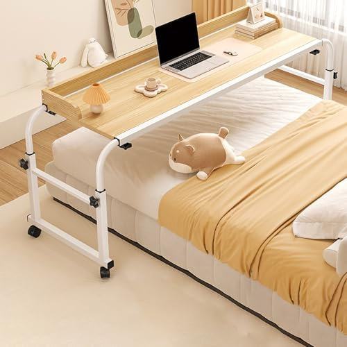 Betttisch auf Rollen Höhenverstellbar Pflegetisch Mobiler Schreibtisch für Schlafzimmer, Wohnzimmer, Krankenhaus(Natural,140 * 45cm)