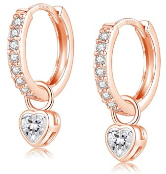 Ohrringe Silber 925 Hängend Rosegold Creolen Klein Mit Herz Rund Zirkonia für Damen Mädchen Herren (Rosegold-Herz)