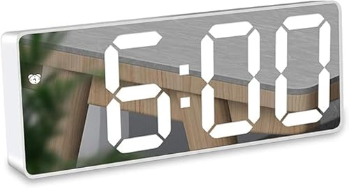 Digital LED Mirror Alarm Clock with Temperature, Calendar, Voice Control Night Mode, Date Display for Bedroom - Adjustable Brightness, Snooze (White)