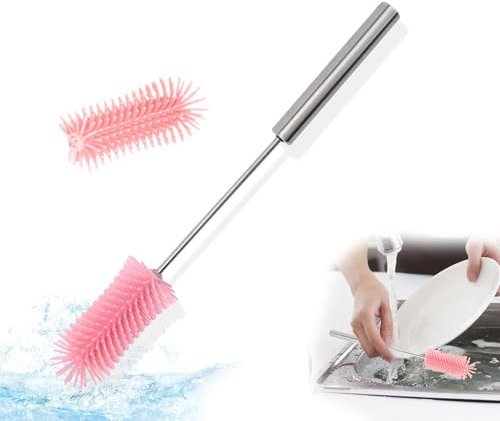 SHENGYIG Flaschenbürste Silikon, Halbautomatisch Drücken Drehen Flaschenreiniger Bürste mit Ersatzkopf, Abnehmbarer Flaschenbürste Lang, Langer Griff, Flaschenbürsten zum Tassen, Wasserflaschen