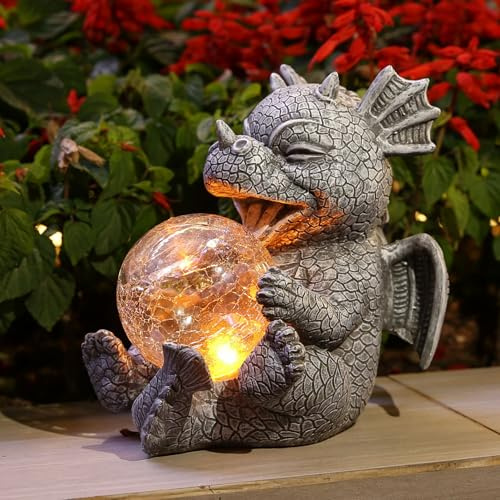 FIYSON Solar Drachen Figuren Gartendeko, Drachen Ornamente für Draußen mit LED-SolarBall, Lustig Dragons Deko Garten, wasserdichte Kunstharz Dekofigur Für Hof Rasen Terrasse (Stil 1)