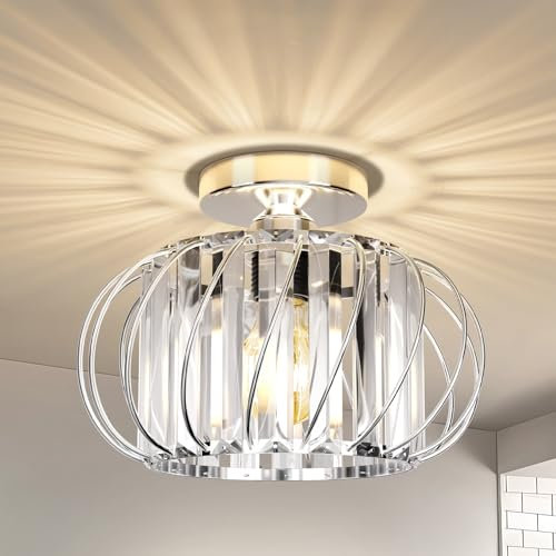 FRIDEKO HOME Kristall Deckenlampe Chrom,Modern Deckenleuchte Metall Rund Lampenschirm E27 Lampe Decke für Schlafzimmer Wohnzimmer Küche Flur,Ø28cm