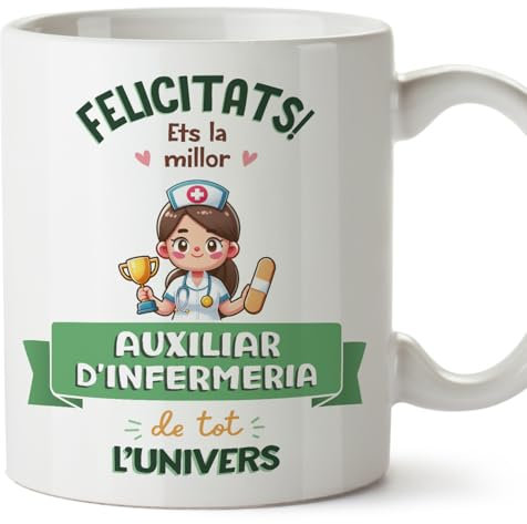 MUGFFINS Tazas para AUXILIAR DE ENFERMERÍA mujer - En Catalán - Millor Univers Trofeu - 11 oz / 330 ml - Regalo original y divertido