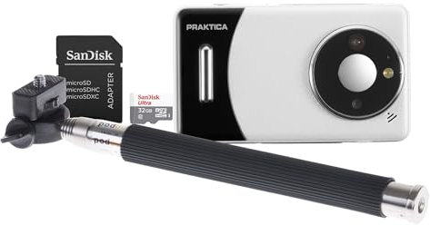 Praktica DZ13 Compact Digital Camera with SanDisk 32GB MicroSD Card & Selfie Stick - 13MP Dual CMOS Sensors, Wide-Angle Lens & 18x Zoom, Full HD Video