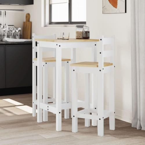 Xichuzi 3-TLG. Bar-Set Weiß Massivholz Kiefer, Bartisch Mit Barhocker Set, Hochtisch Mit Stühlen Set, Esstisch Mit Stühlen, Küchentheke Mit Hocker - 4005689