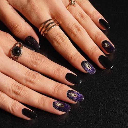 DANNI & TONI 28 Stickers Semi Cured Nail Strips,Cat Eye Black Soft Self-Adhesive Gel Nail Stickers,Salon-Quality Gel Nail Polish Strips Manicure Stickers Set-Galactic Glimmer