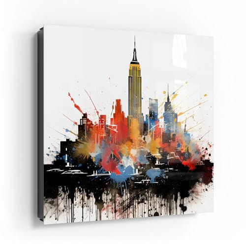 DEQOART Schlüsselkasten schwarz | 30x30 cm | Motiv Farbige Stadtmythen | Glas & Metall Schlüssel-Box | Schlüsselschrank mit 50 Haken + 2 Magnete | Moderne Box magnetisch & beschreibbar