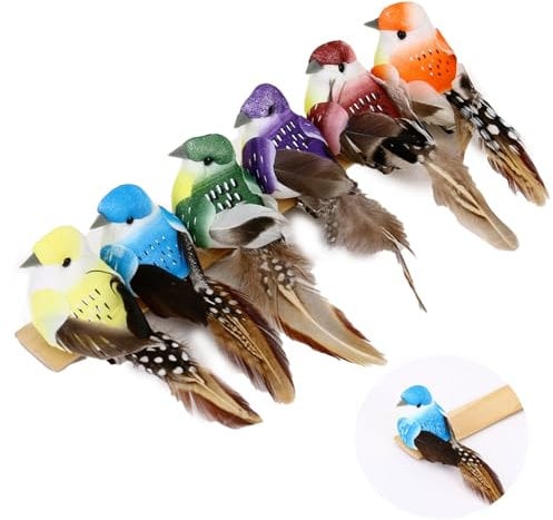 6 Stück handgefertigte Federvogel Ornamente mit Clips – künstliche Schaumstoffvögel für Garten, Heimdekoration, Weihnachtsbaum, Rasen-Dekoration