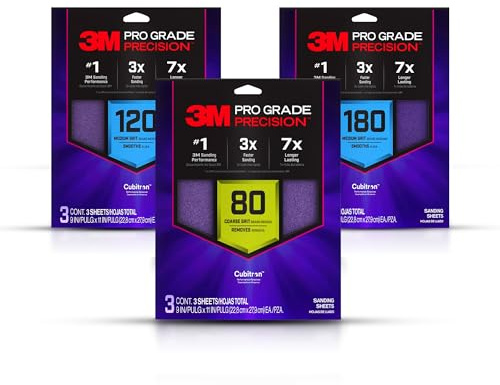 3M Pro Grade Precision Faster Sanding Sheets, NO-Slip Grip Backing, Assorted Grits 80/120/180, 9 x 11, 3 Sheets Each, 9 Total
