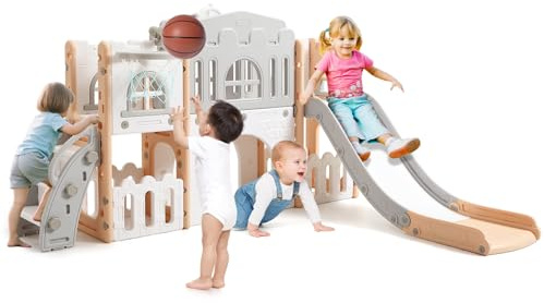 Garvee Toboggan pour Enfant 8 en 1, Ensemble Toboggan avec Espace de Cache-Cache, Échelle d'escalade, Panier de Basket, Télescope et Tunnel de Jeu pour Enfants Aire de Jeux (Rose et Gris)