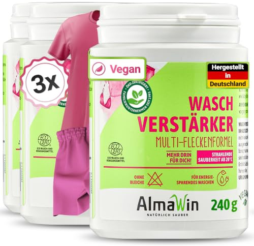 AlmaWin® Waschverstärker [3x 240g] mit Multi-Fleckenformel - Waschkraftverstärker ohne Bleichen - Fleckenentferner für strahlende Sauberkeit ab 20°C - Entfernt Blut, Deo, Gras & Mehr - VEGAN