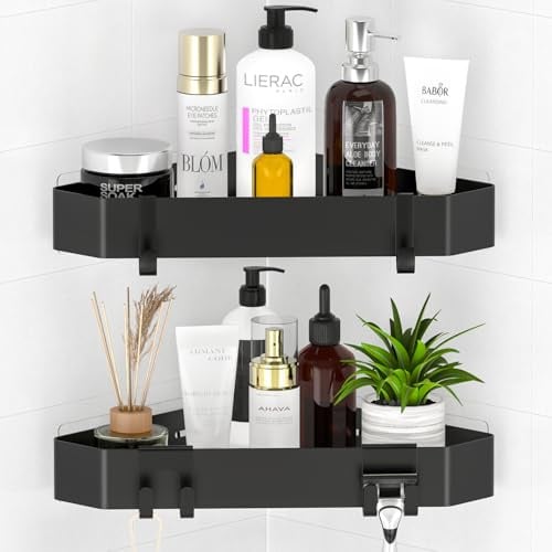Aikzik Duschablage Ohne Bohren Ecke, Duschregal Aus Metall 2 Stück Duschkorb Selbstklebend Mit 4 Haken, Badezimmer Regal für Dusche Aufbewahrung Shampoo und Duschgel - Schwarz