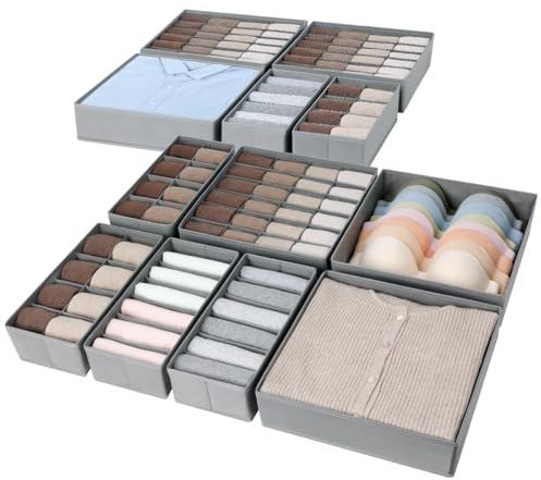 DIMJ 12 Pack Clothes Organisers, Drawer Organizer for Bedroom, Dresser, Wardrobe, Bra, Sock, Tshirt, Scarf, Tie, Each Set Contains 4 Different Sizes for home organization (Light Grey)