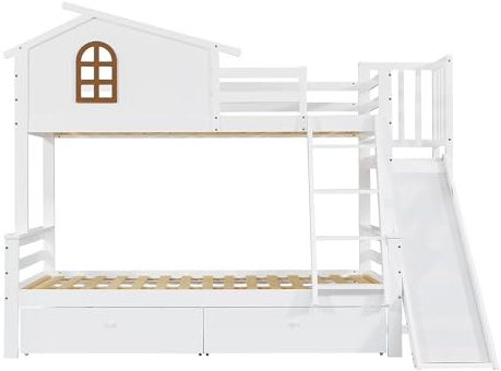 MUZHIXIANG Etagenbett mit Rutsche und Treppe aus Massivholz – Kinder Hochbett mit Schubladen, Fensterdesign und Sicherer Leiter (Weiß)