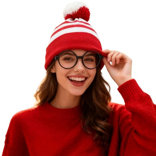 Mütze Rot und Weiß Strickmütze Beanie Cosplay Hat Mütze mit Brille Warme Wintermütze Bommel Beanie Halloween Weihnachten Party Zubehör