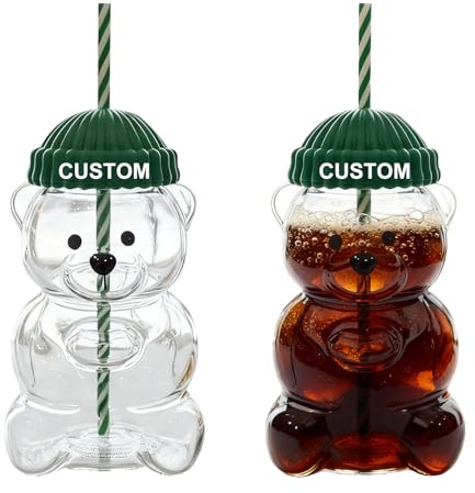 Personalised Bear Glass Cup with Straw, Customize Your Name/Text, Clear Cute Bear Mug for Coffee Juice Milk Tea Gifts for Christmas Birthday (Green)