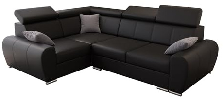 O-Sofa Ecksofa Apollo KN08, Eckcouch in L-Form mit Schlaffunktion, Farbe: Schwarz, Kunstleder, Ottomane Links