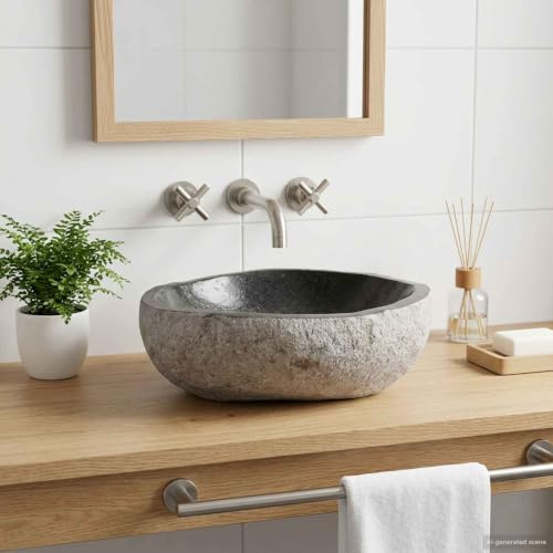 LoogCape Lavabo ovale grigio, 32-37 cm x 27-30 cm, in vera pietra di fiume, per bagno ed esterni, altezza 12 cm, design rustico, facile da pulire, montaggio a parete