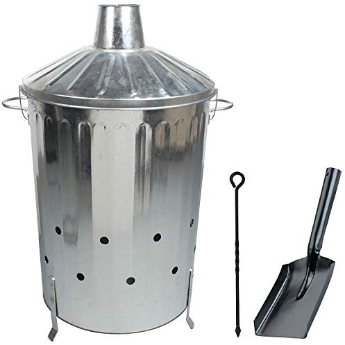 CrazyGadget® 90 Litre 90L Extra Large Galvanised Metal Incinerator Fire Burning Bin with Special Locking Lid + Ash Shovel & Poker