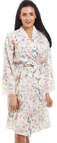 Camille Womens Butterfly & Bumble Bee Short Satin Wrap - Ladies Lightweight & Breathable Robe with Tie Belt Fastening